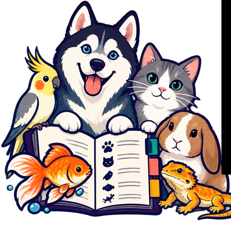 Illustrated dog, cat, rabbit, bird, fish, and reptile gathered around an open pet almanac